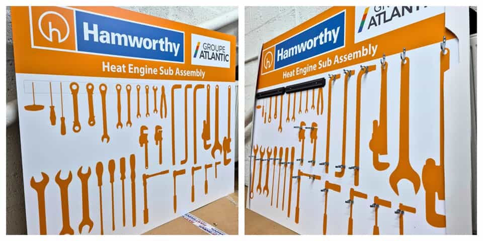 A collage of the shadow board before and after installation.